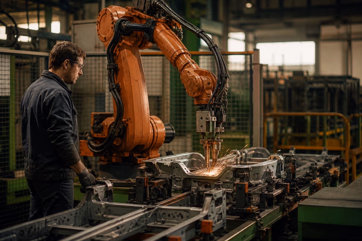Operador supervisando un robot de soldadura por puntos en una planta industrial